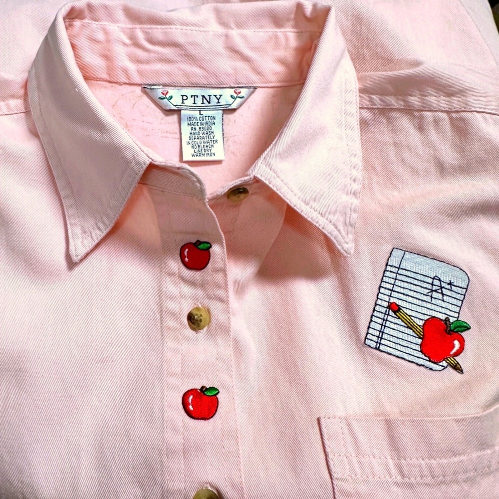 PTNY Pink Cotton Teacher‎ Shirt Embroidered Apples Notebook A+ Vintage Large